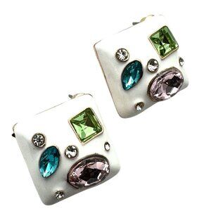 Womens Earrings Blue Pink Green Rhinestone White Enamel Earrings Pierced